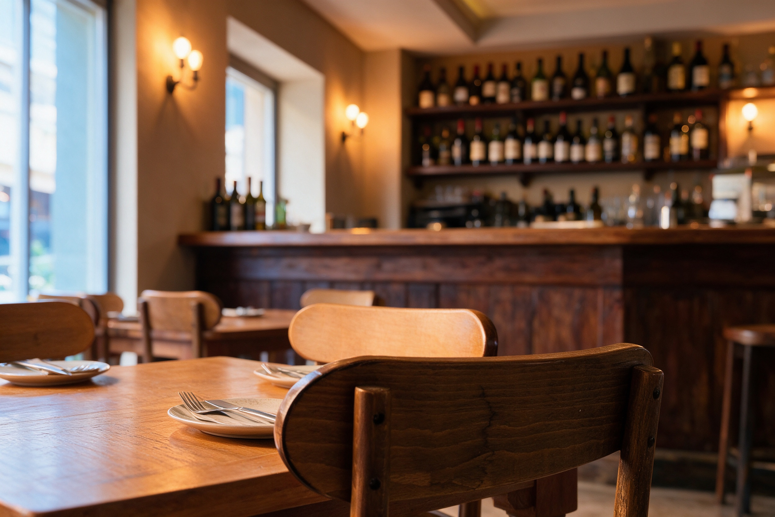 Interior cálido de La Bodeguita del Paris, barra y botelleros de madera